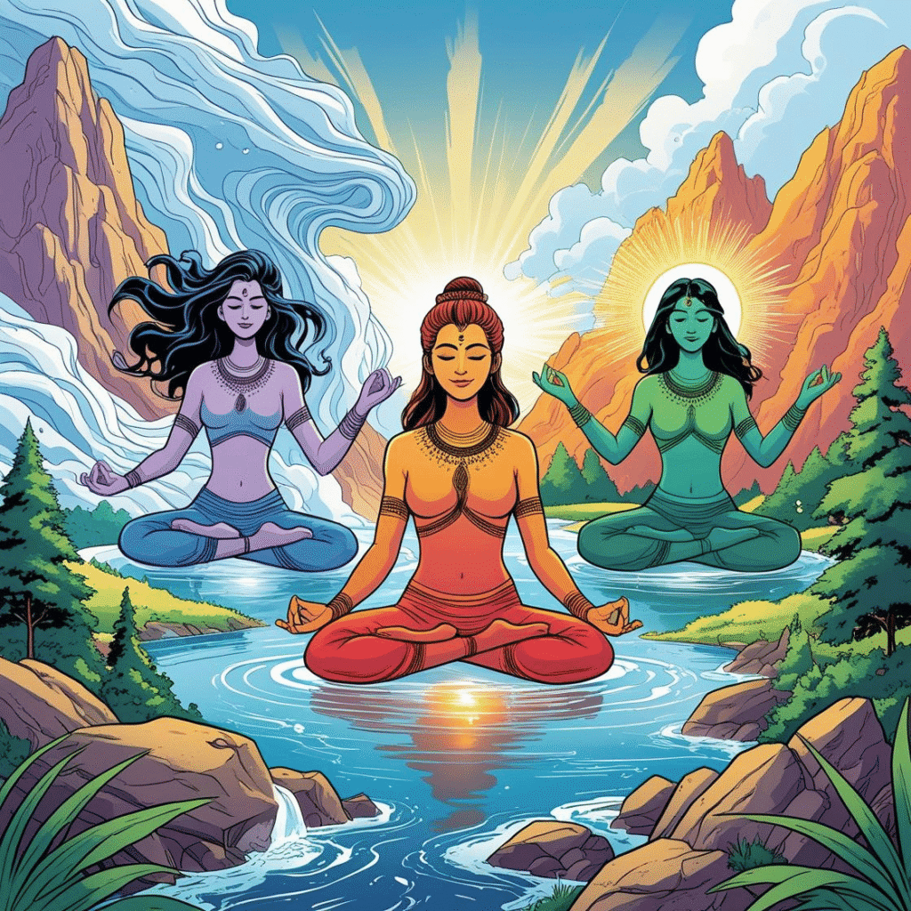 Ilustração Ayurveda com doshas Vata Pitta Kapha elementos naturais e equilibrio